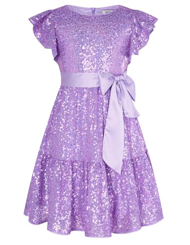 GRACE KARIN Mädchen Prinzessin Kleid Knielang Kurzarm A-Linie Rundhals Pailletten Partykleid Glitzer Abendkleid Violett 12 Jahre von GRACE KARIN