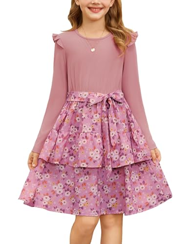 GRACE KARIN Mädchen Prinzessin Kleid Langarm Festlich Blumen Partykleid Rosa mit Weiß Blume 8 Jahre von GRACE KARIN