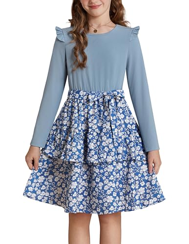 GRACE KARIN Mädchen Prinzessin Kleid Langarm Festlich Blumenmuster Hochzeit Partykleid Blau mit Weiß Blume 10 Jahre von GRACE KARIN