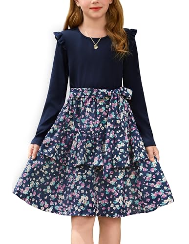 GRACE KARIN Mädchen Prinzessin Kleid Langarm Festlich Blumenmuster Hochzeit Partykleid Marineblau mit Lila Blume 10 Jahre von GRACE KARIN