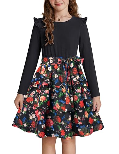 GRACE KARIN Mädchen Prinzessin Kleid Langarm Festlich Blumenmuster Hochzeit Partykleid Schwarz mit Rot Blume 10 Jahre von GRACE KARIN