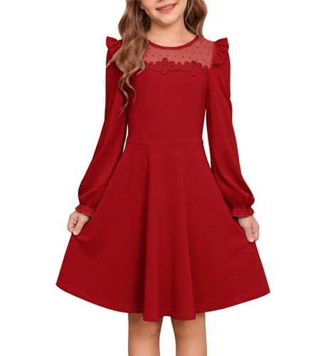 GRACE KARIN Mädchen Prinzessin Kleid Langarm Spitze Mesh Patchwork A-Linie Festkleid Rot 7 Jahre von GRACE KARIN