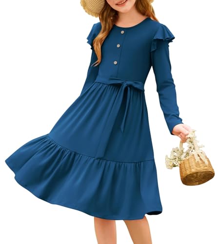 GRACE KARIN Mädchen Prinzessin Kleid Rundhals Langarm Festlich Hochzeit Partykleid Dunkelblau 7 Jahre von GRACE KARIN