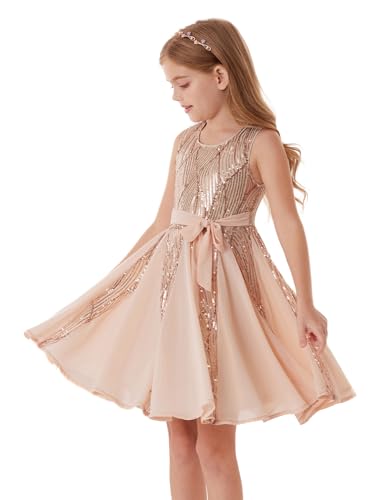 GRACE KARIN Mädchen Prinzessinnenkleid Pailletten Chiffon Blumen Festzug Geburtstagsparty Hochzeit Brautjungfernkleid Roségold 7-8 Jahre von GRACE KARIN