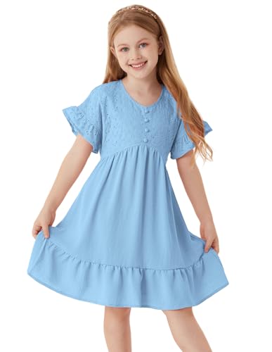 GRACE KARIN Mädchen Prinzessinnenkleid Sommer Kurzarm Ausgestelltes A-Linien Freizeitkleid mit Taschen Blau 6-7 Jahre von GRACE KARIN