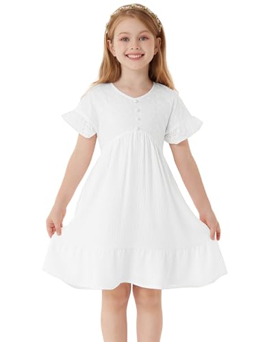 GRACE KARIN Mädchen Prinzessinnenkleid Sommer Kurzarm Ausgestelltes A-Linien Freizeitkleid mit Taschen Weiß 8-10 Jahre von GRACE KARIN
