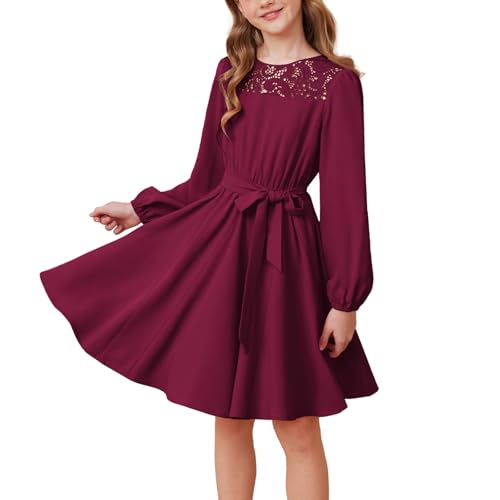 GRACE KARIN Mädchen Puff Langarm A-Linie Casual Kleid Festlich Hochzeit Rundhals Partykleid Dunkelrot 12 Jahre von GRACE KARIN