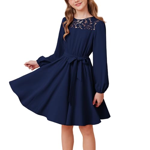 GRACE KARIN Mädchen Puff Langarm A-Linie Casual Kleid Festlich Hochzeit Rundhals Partykleid Marineblau 12 Jahre von GRACE KARIN