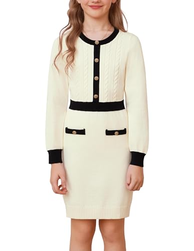 GRACE KARIN Mädchen Pullover Kleid Langarm Rundhals Herbst Winter Strickkleid Partykleid Hochzeitsgast Kleid Beige 7 Jahre von GRACE KARIN