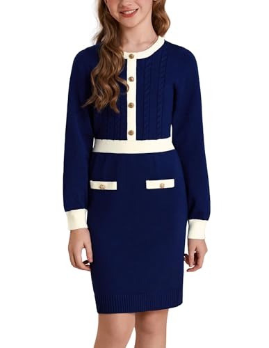 GRACE KARIN Mädchen Pullover Kleid Langarm Rundhals Herbst Winter Strickkleid Partykleid Hochzeitsgast Kleid Marineblau 7 Jahre von GRACE KARIN