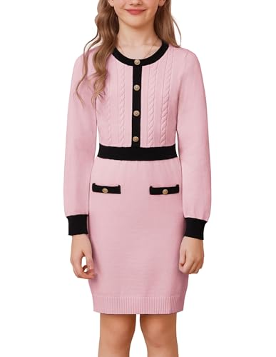 GRACE KARIN Mädchen Pullover Kleid Langarm Rundhals Herbst Winter Strickkleid Partykleid Hochzeitsgast Kleid Rosa 7 Jahre von GRACE KARIN