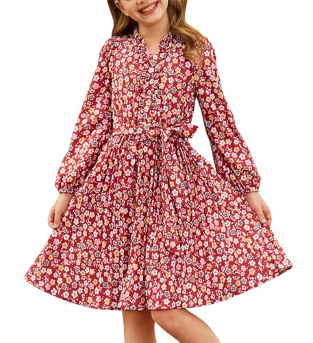 GRACE KARIN Mädchen Retro Langarm Kleid mit Blumendruck Stehkragen Schleife Faltenrock Rot 8 Jahre von GRACE KARIN