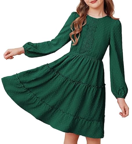 GRACE KARIN Mädchen Rüschen A-Linie Schweizer Punkt Prinzessin Kleid Langarm Festlich Partykleid Dunkelgrün 10 Jahre von GRACE KARIN