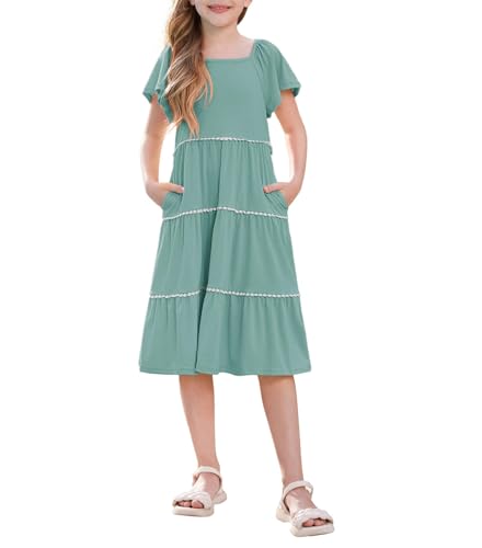 GRACE KARIN Mädchen Rüschenärmel A-Linien Midi Kleid Sommer Festliche Kleid Grau Grün 12 Jahre von GRACE KARIN