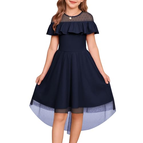 GRACE KARIN Mädchen Rundhals A-Linie Festkleid Mesh Prinzessin Partykleid mit Rüschen Marineblau 10 Jahre von GRACE KARIN