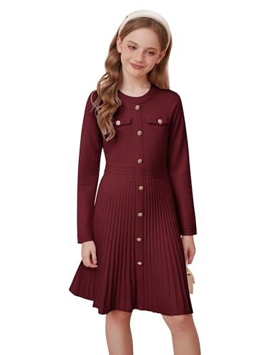 GRACE KARIN Mädchen Rundhals Freizeitkleid Winterkleid Kinder Einfarbig Festlich Weihnachtskleid Rotwein 12-13 Jahre von GRACE KARIN