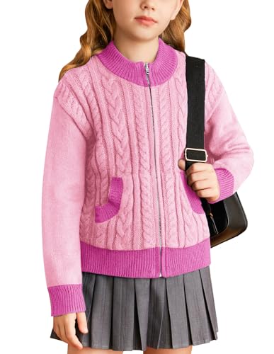 GRACE KARIN Mädchen Rundhals Kontrastfarbe Strickjacke Winter Lässig Strick Pullover mit Reißverschluss Causal Knitted Cardigan Rosa 12 Jahre von GRACE KARIN