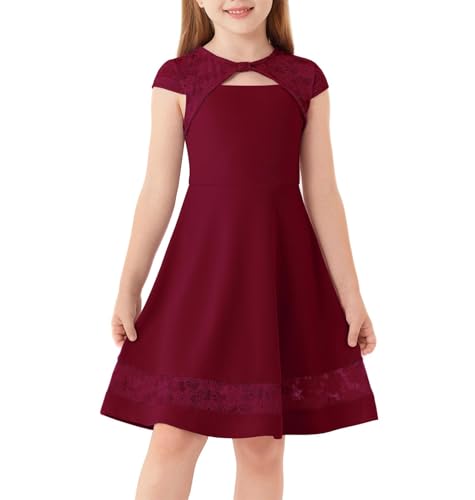 GRACE KARIN Mädchen Rundhals Sommerkleider Kurzarm Spitzenkleid A-Linie Partykleider Rotwein 6 Jahre von GRACE KARIN