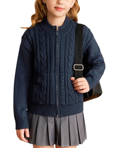 GRACE KARIN Mädchen Rundhals Strickjacke Winter Lässig Strick Pullover mit Reißverschluss Causal Knitted Cardigan Dunkelblau 12 Jahre von GRACE KARIN