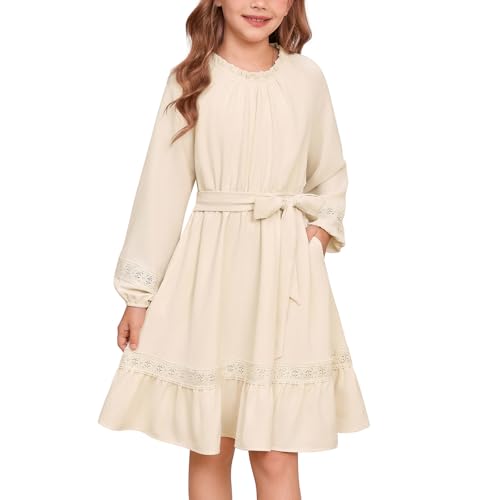GRACE KARIN Mädchen Rundhals mit Rüschen Midikleid Knielang A-Linie Casual Kleid Beige 8 Jahre von GRACE KARIN