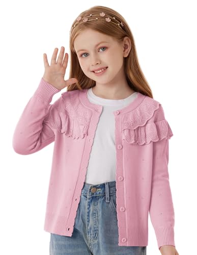 GRACE KARIN Mädchen Schul-Strickjacke Frühlingsstrickmode Gerippter Langarm Rundhalspullover mit Knopfleiste Rosa 7-8 Jahre von GRACE KARIN