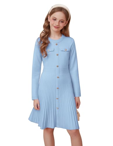 GRACE KARIN Mädchen Schulpulloverkleid Langärmelig Rundhalsausschnitt Gestrickt Midi Freizeitkleid Hellblau 8-9 Jahre von GRACE KARIN