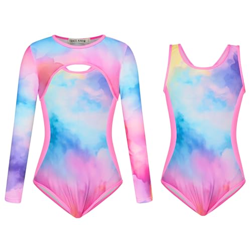 GRACE KARIN Mädchen Schwimmanzug Set Langärmliges Cover-up + U-Ausschnitt Badeanzug Girls Swimming Costume Rosa 8-10 Jahre von GRACE KARIN