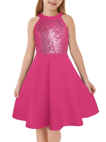GRACE KARIN Mädchen Sequin Patchwork Partykleid Cut-Out Schulter Rundhals A-Linien Kleid Dunkelrosa 12 Jahre von GRACE KARIN