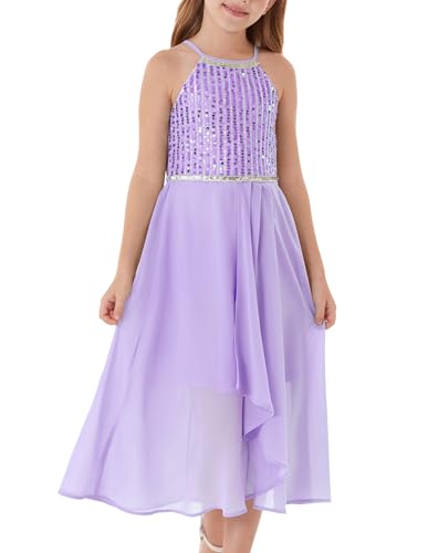GRACE KARIN Mädchen Sommer A-Linie Prinzessin Kleid Neckholder Ärmellos Pailltten Party Kleid Violett 12 Jahre von GRACE KARIN