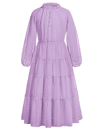 GRACE KARIN Mädchen Herbst&Winter A-Linie Schweizer Punkt Kleid Rüschen Rundhals Langarm Midikleid Violett 6 Jahre von GRACE KARIN