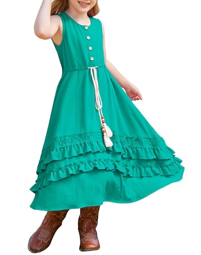 GRACE KARIN Mädchen Sommer Ärmellos Hohe Taille A-Linie Kleider mit Kordelzug Rundhals Party Hochzeits Kleid Blau Grün 12 Jahre von GRACE KARIN