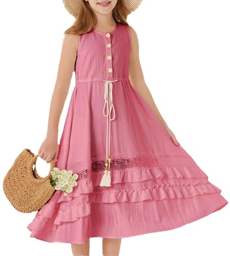 GRACE KARIN Mädchen Sommer Ärmellos Hohe Taille A-Linie Kleider mit Kordelzug Rundhals Party Hochzeits Kleid Rosa 12 Jahre von GRACE KARIN