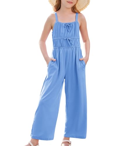 GRACE KARIN Mädchen Sommer Casual Jumpsuit Einteiliger Strampler mit Taschen Square Neck Bodysuit Blau 6-7 Jahre von GRACE KARIN