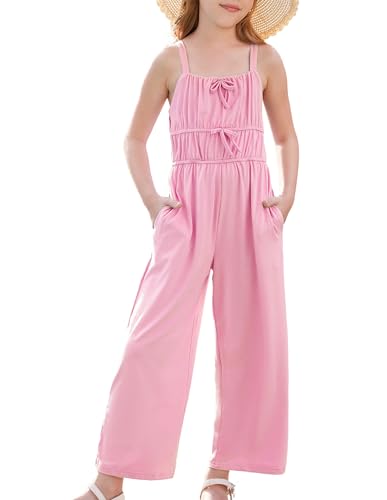 GRACE KARIN Mädchen Sommer Casual Jumpsuit Einteiliger Strampler mit Taschen Square Neck Bodysuit Rosa 8-10 Jahre von GRACE KARIN