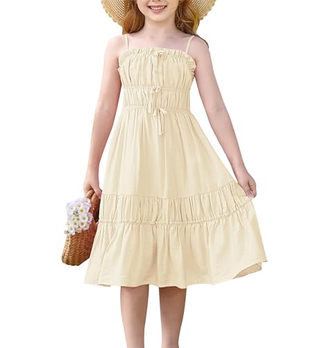 GRACE KARIN Mädchen Sommer Einfarbig A-Linie Kleid Lässiges Mädchen Trägerkleid Midikleid Aprikose 10 Jahre von GRACE KARIN