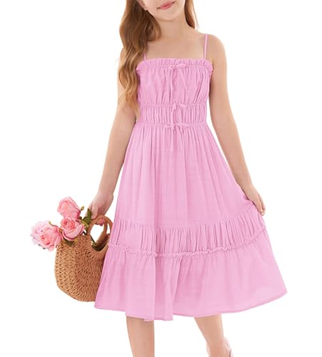 GRACE KARIN Mädchen Sommer Einfarbig A-Linie Kleid Lässiges Mädchen Trägerkleid Midikleid Rosa 10 Jahre von GRACE KARIN
