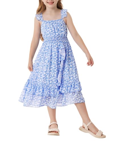 GRACE KARIN Mädchen Sommer Elastische Taille Rüschen Kleid Freizeit Trägerkleid Blauer Boden weiße Blume 7 Jahre von GRACE KARIN