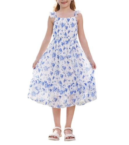 GRACE KARIN Mädchen Sommer Elastische Taille Rüschen Kleid Freizeit Trägerkleid weißer Hintergrund Blaue Blume 7 Jahre von GRACE KARIN