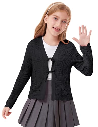 GRACE KARIN Mädchen Sommer Gestrickter Cardigan Schwarzer Pullover V-Ausschnitt Langarm Krawatte Vorder Bolero Schwarz 7-8 Jahre von GRACE KARIN