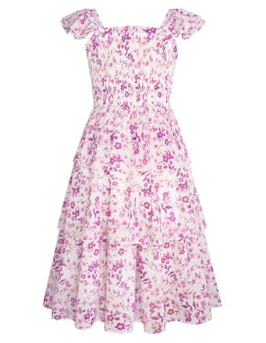 GRACE KARIN Mädchen Sommer Kleid Quadratischer Ausschnitt Gerafftes Rüschenbesatz Midi Urlaub Boho Kleider A-Linie Ärmellos Kleid Weiß-Violette Blume 7 Jahre von GRACE KARIN