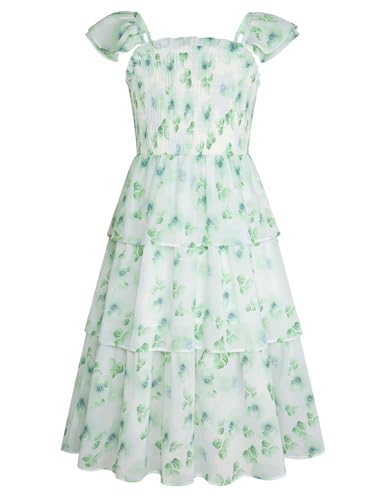 GRACE KARIN Mädchen Sommer Kleid Quadratischer Ausschnitt Gerafftes Verstellbare Träger Midi Urlaub Boho Kleider A-Linie Festkleid Grüne Blume 6 Jahre von GRACE KARIN