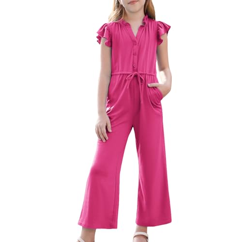 GRACE KARIN Mädchen Sommer Kurzarm Jumpsuits Casual V-Ausschnitt Overalls Rosarot 12 Jahre von GRACE KARIN