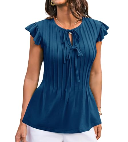 GRACE KARIN Mädchen Sommer Leicht Rüschenärmel Chiffon Bluse Fashion Plissee-Top mit Fliege Dunkelblau XL von GRACE KARIN