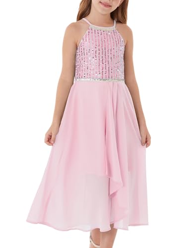 GRACE KARIN Mädchen Sommer Neckholder A-Linie Kleid Gliter Pailletten Prinzessin Kleid Rosa 14 Jahre von GRACE KARIN