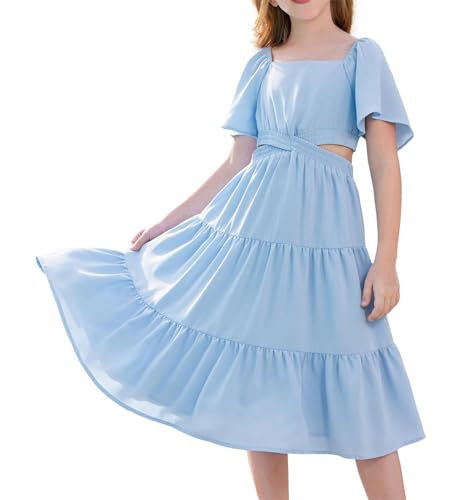 GRACE KARIN Mädchen Sommer Rüschen Kurzärmliges Freizeitkleid mit Eckiger Ausschnitt Hell Blau 8 Jahre von GRACE KARIN