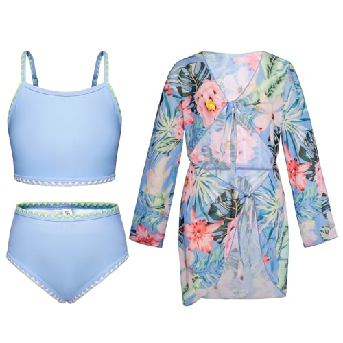 GRACE KARIN Mädchen Sommer Swimsuit Süße Bademode 3-Teiliger Bikini Set Blumendruck Badeanzug Hellblau 7 Jahre von GRACE KARIN