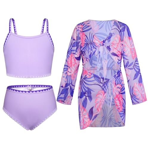 GRACE KARIN Mädchen Sommer Swimsuit Süße Bademode 3-Teiliger Bikini Set Blumendruck Badeanzug Hellviolett 7 Jahre von GRACE KARIN