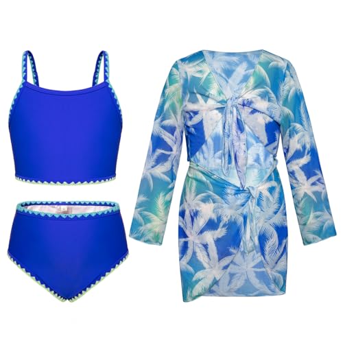 GRACE KARIN Mädchen Sommer Swimsuit Süße Bademode 3-Teiliger Bikini Set Blumendruck Badeanzug Königsblau 7 Jahre von GRACE KARIN