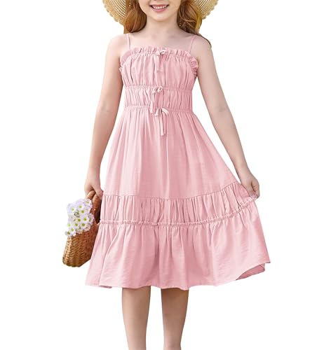 GRACE KARIN Mädchen Sommer Trägerkleid Kinder Eckiger Ausschnitt A-Linie Freizeitkleid Hellrosa 7 Jahre von GRACE KARIN