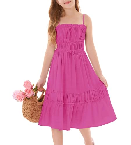 GRACE KARIN Mädchen Sommer Trägerkleid Kinder Eckiger Ausschnitt A-Linie Freizeitkleid Rosa Rot 7 Jahre von GRACE KARIN